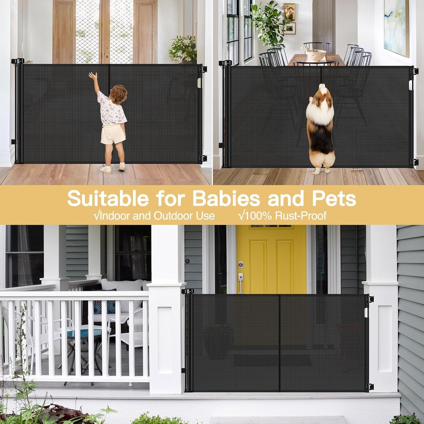 Reinforced 42" Tall Retractable Dog Gate, 155" Extra Long Retractable Baby Gate with Support Rods - Prevent Crawling Under, Indoor/Outdoor Retractable Gate Extra Tall Baby Gate Retractable Fence/Black