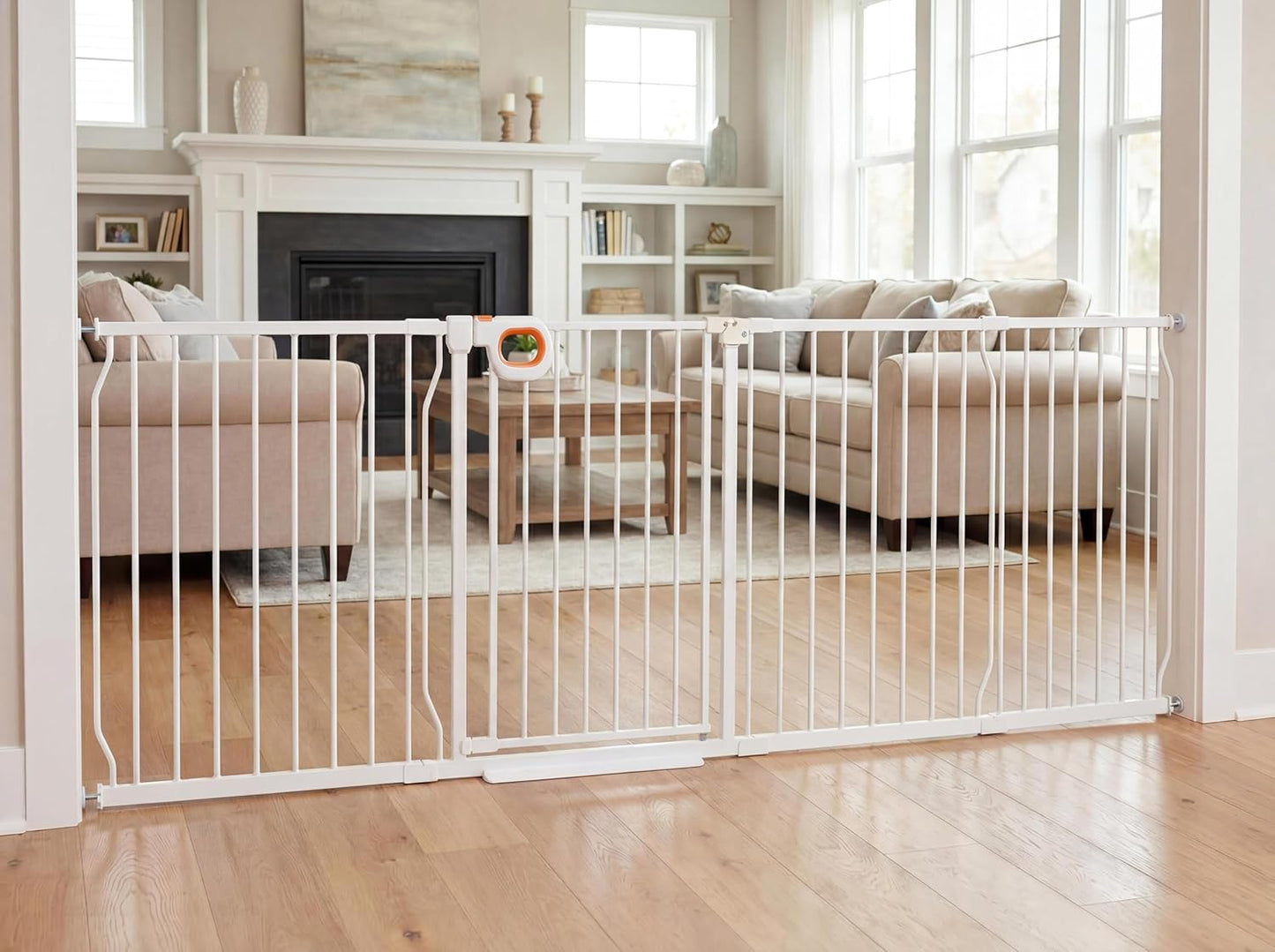 Baby Gates Extra Wide for Large Opennings with Door Pressure Mounted 90.6-95.2 Inch Extra Wide Baby Gate Dog gate for Doorways Indoor Metal Gate No Drilling with Walk-Through Door,White