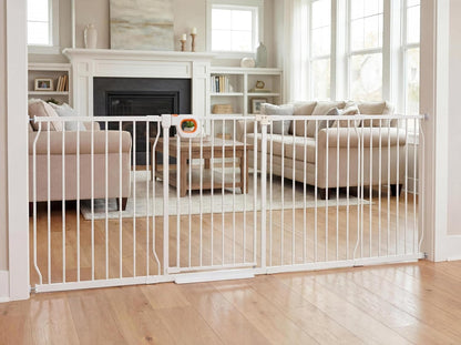 Baby Gates Extra Wide for Large Opennings with Door Pressure Mounted 90.6-95.2 Inch Extra Wide Baby Gate Dog gate for Doorways Indoor Metal Gate No Drilling with Walk-Through Door,White