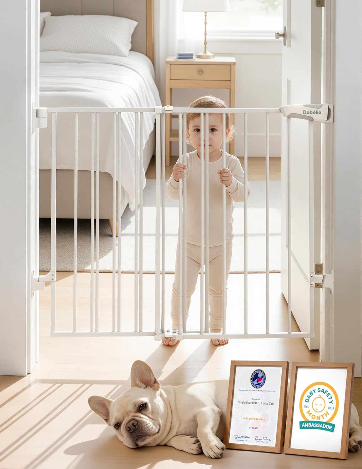 Babelio Baby Gate for Stairs, Kitchen & Doorways, 26-43" W 28" H No Bottom Bar| Easy Installation| One-Handed Operation| Auto-Close| Hardware Mount (Drill Needed) Safety Dog/Pet Gate Indoor (White)