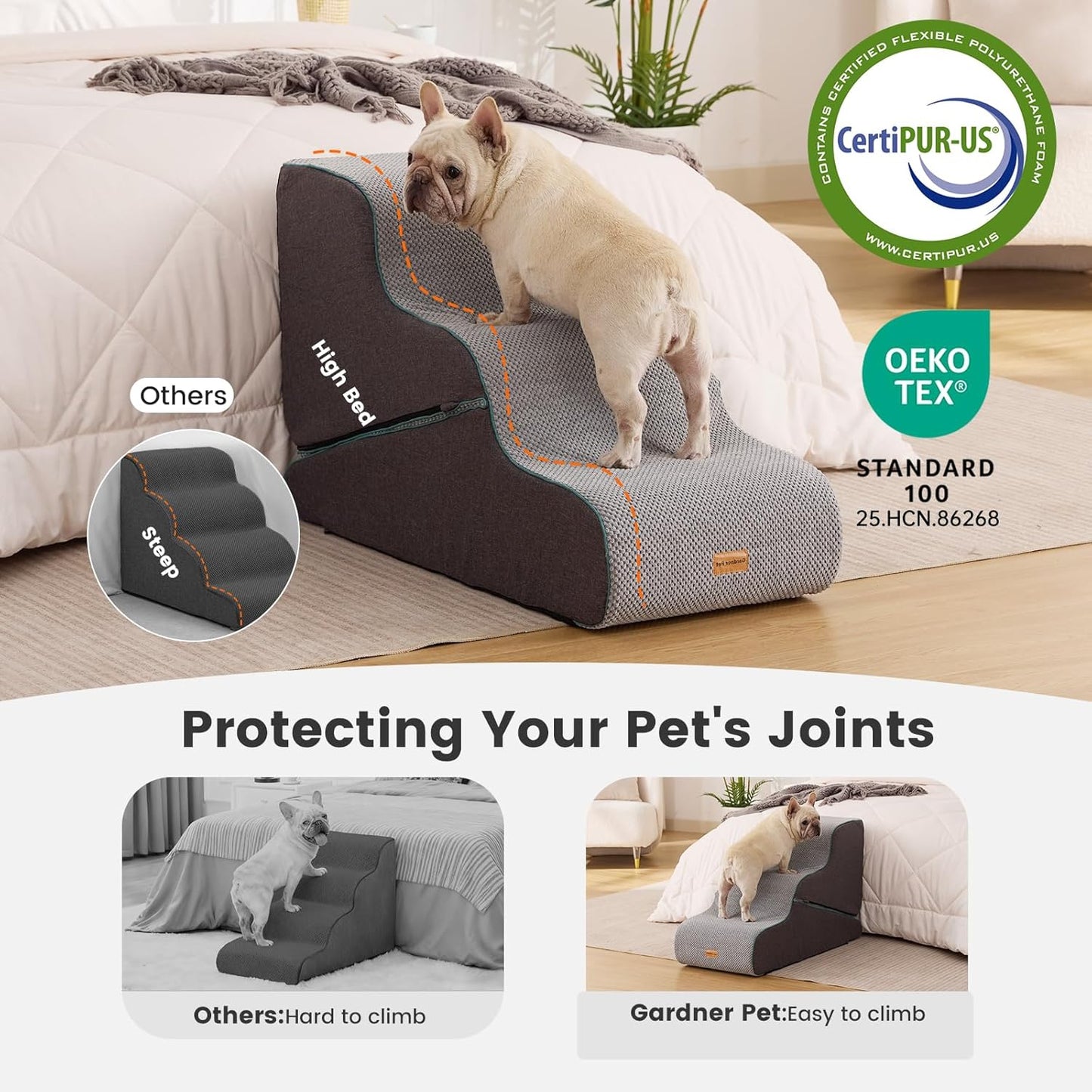 Gardner Pet 4-Step Dog Stairs for Small Dogs 18.5" H, Curved 4-Step Pet Stairs, Dog Steps for High Bed (18-20 in), Couch with Durable Non-Slip Waterproof Fabric Cover and CertiPUR-US Certified Foam