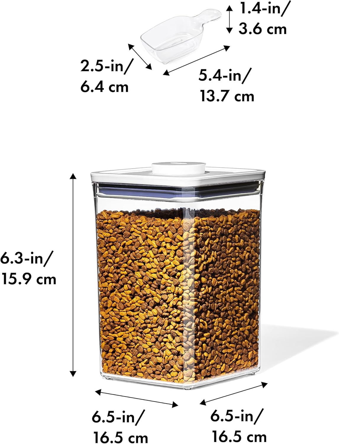 OXO Good Grips Pet POP Container – 6.0 Qt/5.7 L with Half Scoop, Ideal for up to 6.5lbs of Dog Food or 4.5lbs of Cat Food, Airtight Dog and Cat Food Storage Container, BPA Free, Clear