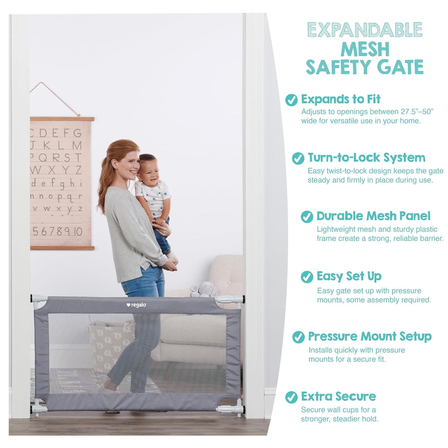 Regalo Safety 27.5-50” Extra Wide Mesh Baby Gate for Doorways & Hallways, Expandable Pressure Mounted Baby Gate for Toddlers & Pets, Includes Rubber Bumpers, Gray