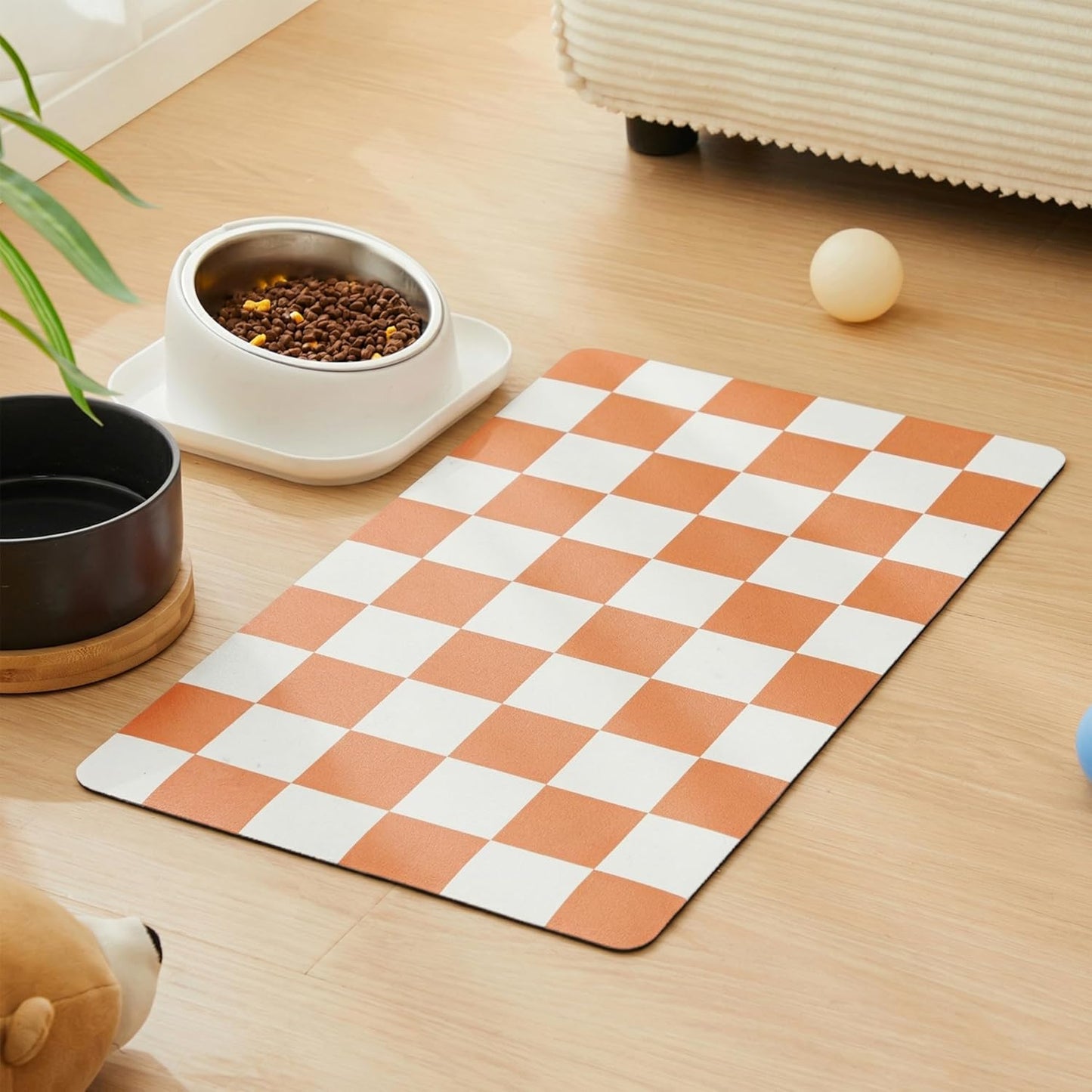 Checkered Dog Feeding Mat, Absorbent Mats for Dog Food and Water Bowl, Dispenser, Retro Aesthetic Khaki Beige Checkerboard Pet Placemat for Dogs, Cats, Puppy Accessories, 12" X 19”