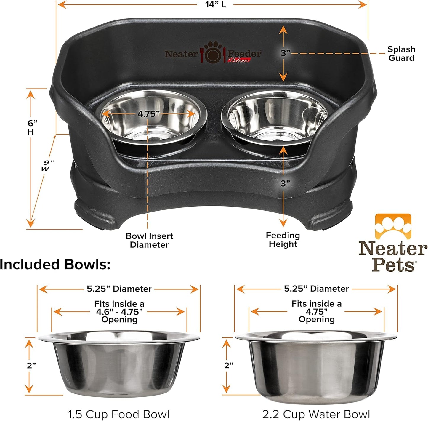 Neater Pet Brands Neater Feeder Deluxe Mess Proof Dog Bowls Elevated for Large Dogs Over 40 lbs, Made in USA, No Spill Raised Dog Food Bowl Stand Feeding Station, Food and Water Bowl Set, Black