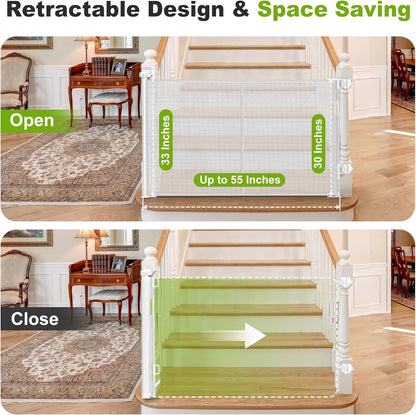 Reinforced Retractable Baby Gate for Stairs & Banister, 55" Wide Mesh Dog Gate, One-Handed Dual Lock Safety Gate for Kids & Pets, Fits Round & Square Posts (Black)