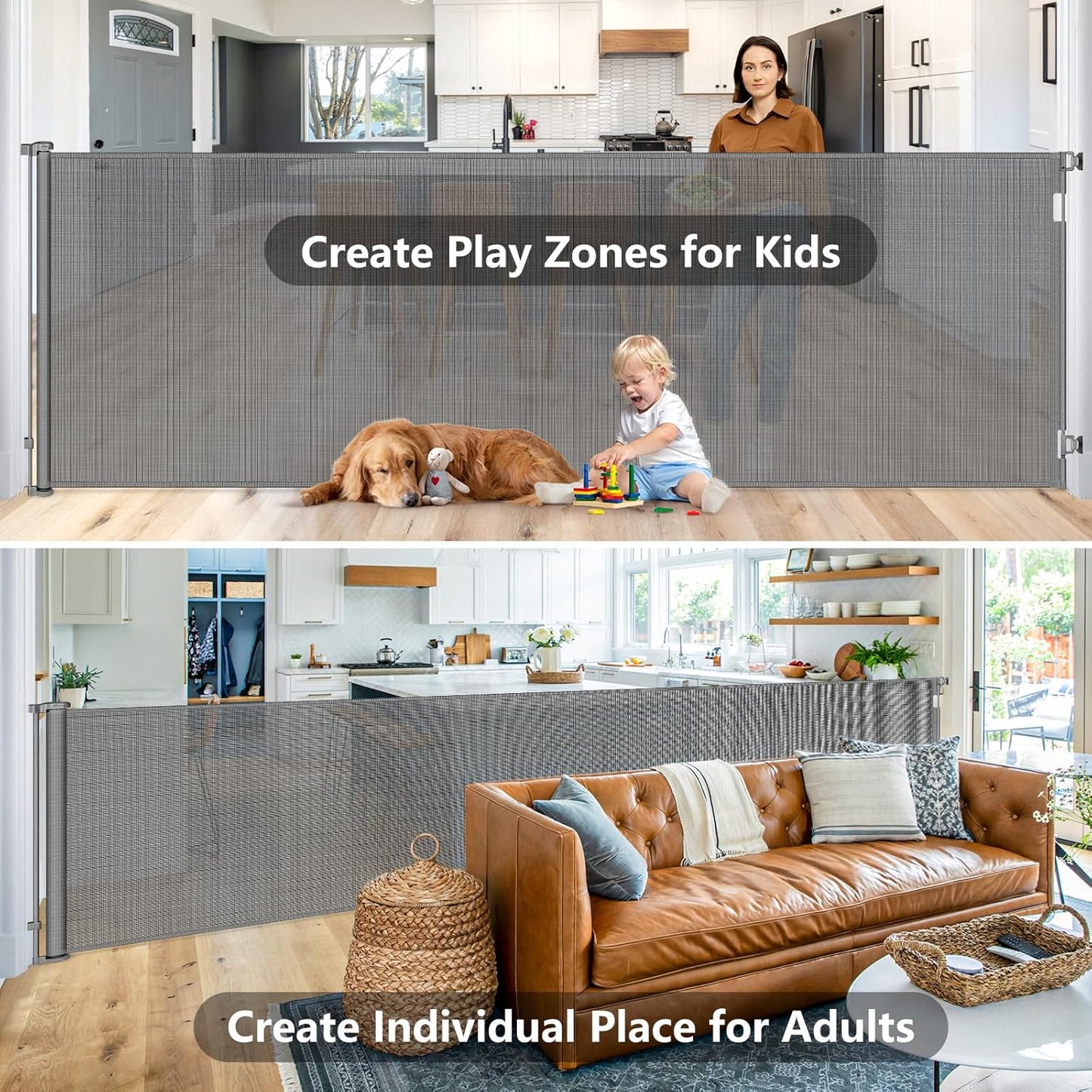 48" Extra Tall Retractable Dog Gate Indoor Prevent Your Baby/Dog/Cat from Jumping Over 55" Wide Extra Tall Retractable Baby Gate for Doorway Mesh Gates for Kids or Pets Puppy Gates for the House, Gray