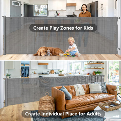 48" Extra Tall Retractable Dog Gate Indoor Prevent Your Baby/Dog/Cat from Jumping Over 55" Wide Extra Tall Retractable Baby Gate for Doorway Mesh Gates for Kids or Pets Puppy Gates for the House, Gray