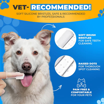 Dog Toothbrush Kit with Travel Cases – 4 Silicone Finger Toothbrushes for Dogs & Cats – Pet Dental Care, Dog Teeth Cleaning, Plaque & Tartar Control (Dog Toothbrush Kit + Dental Chew Toy)