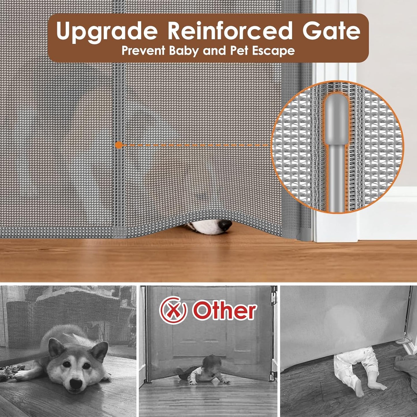 Reinforced 48" Extra Tall Pet Gate with Support Rods, 4 Ft Tall Retractable Baby Gates for Doorways 55" Wide Mesh Dog Gate Indoor Outdoor - Prevent Baby/Pet from Jumping Over, Black