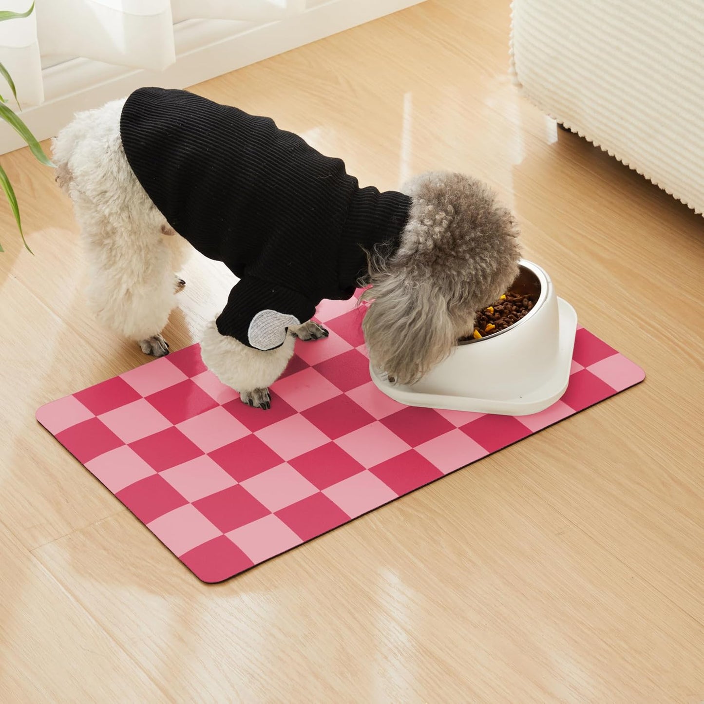 Checkered Dog Feeding Mat, Absorbent Mats for Dog Food and Water Bowl, Dispenser, Retro Aesthetic Khaki Beige Checkerboard Pet Placemat for Dogs, Cats, Puppy Accessories, 12" X 19”
