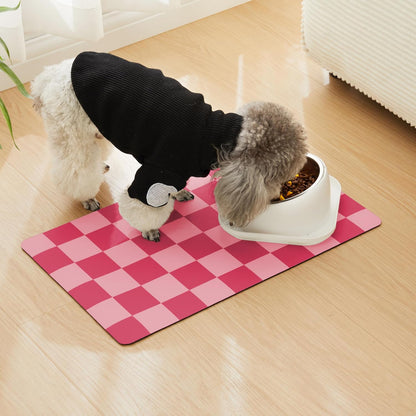 Checkered Dog Feeding Mat, Absorbent Mats for Dog Food and Water Bowl, Dispenser, Retro Aesthetic Khaki Beige Checkerboard Pet Placemat for Dogs, Cats, Puppy Accessories, 12" X 19”