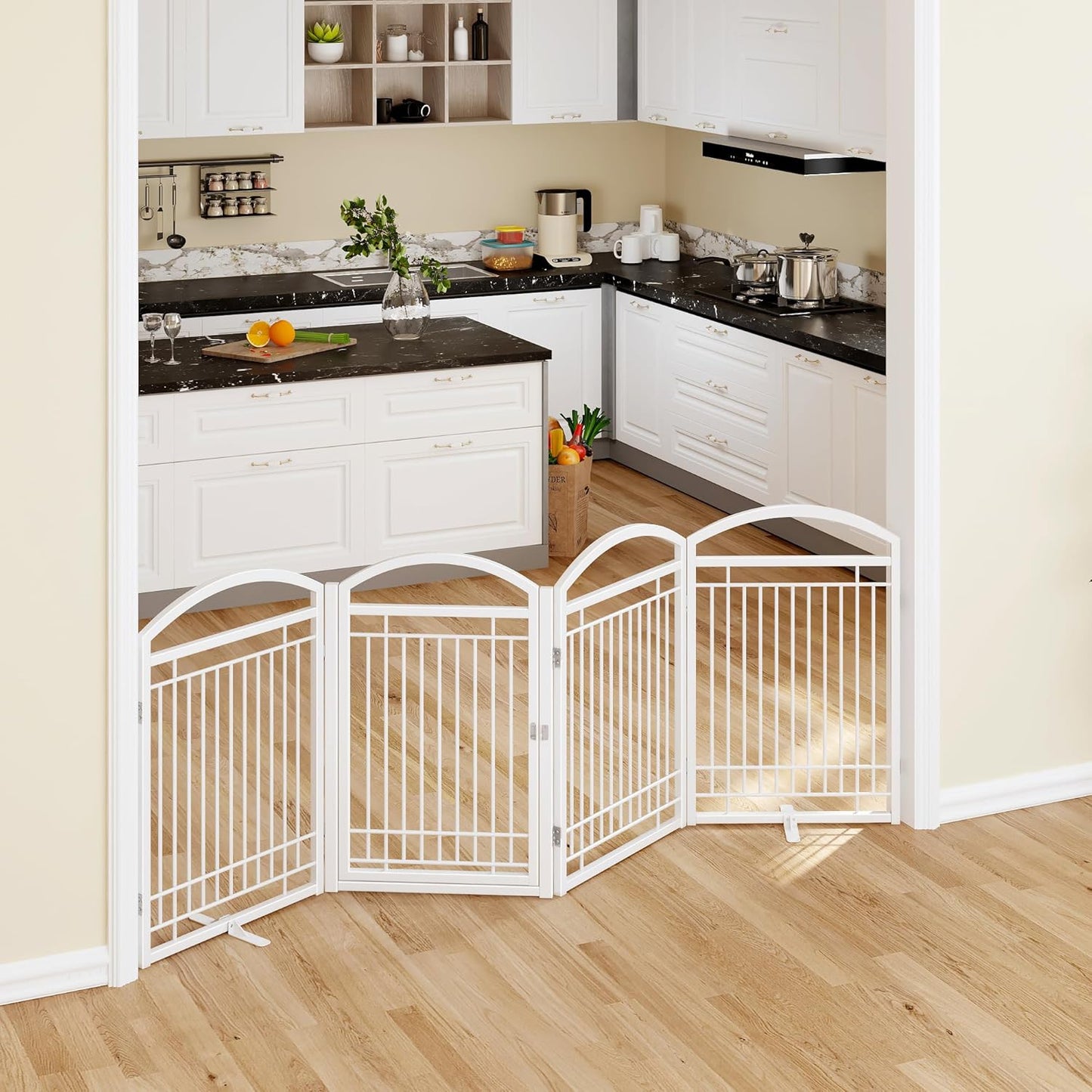Folding No-Assembly Metal Freestanding Dog Gate with Door Walk Through,32" Height Pet Fence,144" Extra Wide Accordion Puppy Folding Playpen for Doorways,House,Stairs (6 Panels,White)