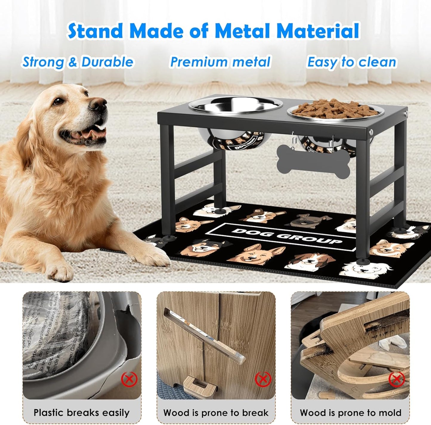 ADENGL Elevated Dog Bowls, 10" Tall Height, Raised Bowl Stand with 2 Stainless Steel Food Feeder Bowls (58oz) and Spill-Proof Mat for Medium Large and Small Breeds