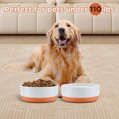 SPUNKYJUNKY Elevated Dog Bowls Ceramic, 6.1'' Dogs and Cat Food Water Bowls Raised with Non-Slip Bamboo Stand for Medium Sized Breed Microwave Dishwasher Safe - 28.7 OZ,Beige