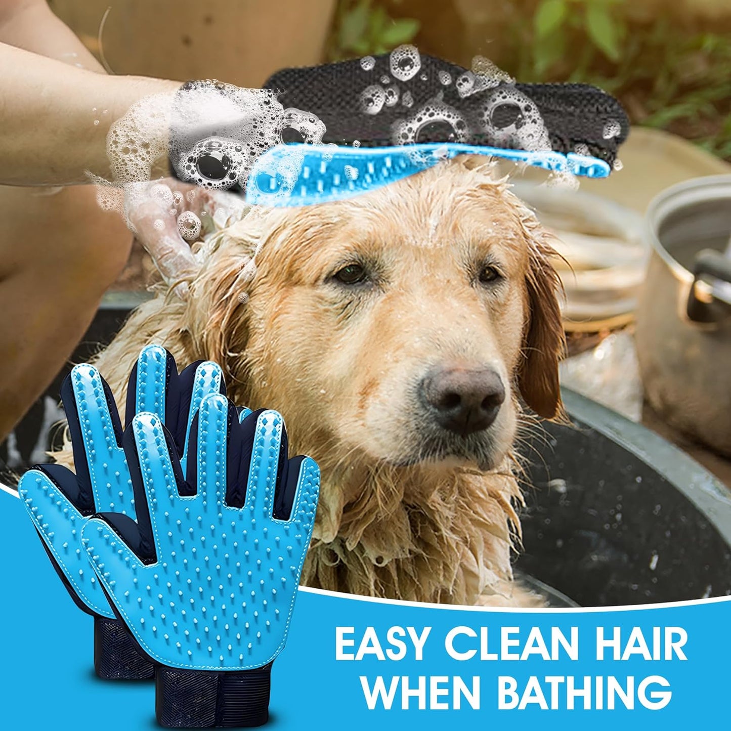 Upgrade Pet Grooming Gloves, Grooming Gloves for Dogs, Cats, Rabbits & Horses with Long and Short Hair, Efficient Pets Hair Remover Mittens - 1 Pair (Blue)