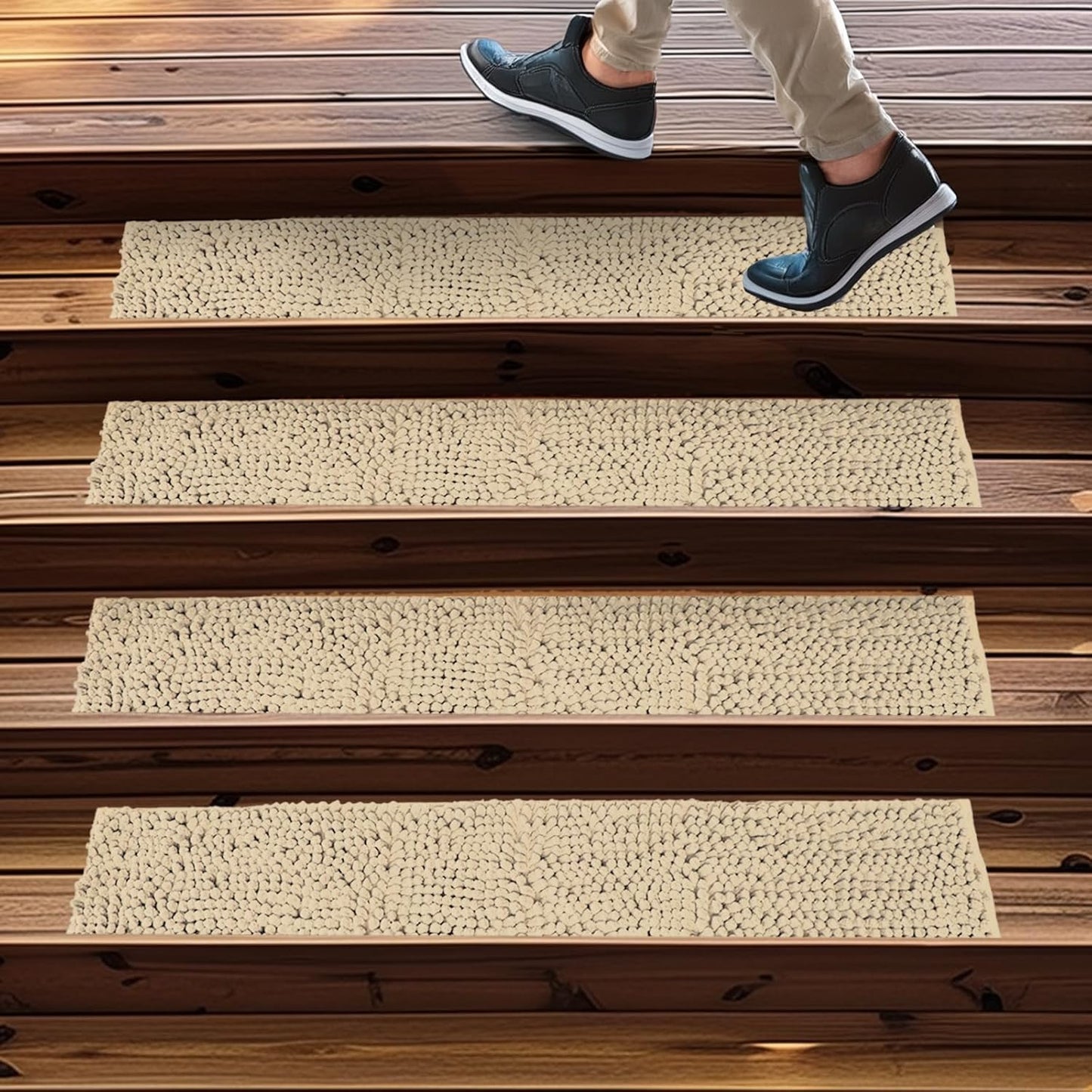 Muddy Mat® Pack of 4 - Soft Chenille Stair Treads Non-Slip Reusable, Super Absorbent Stair Treads for Wooden Steps, Tile & Marble Floor, Easy to Install & Machine Washable - Grey 30'' x 7''