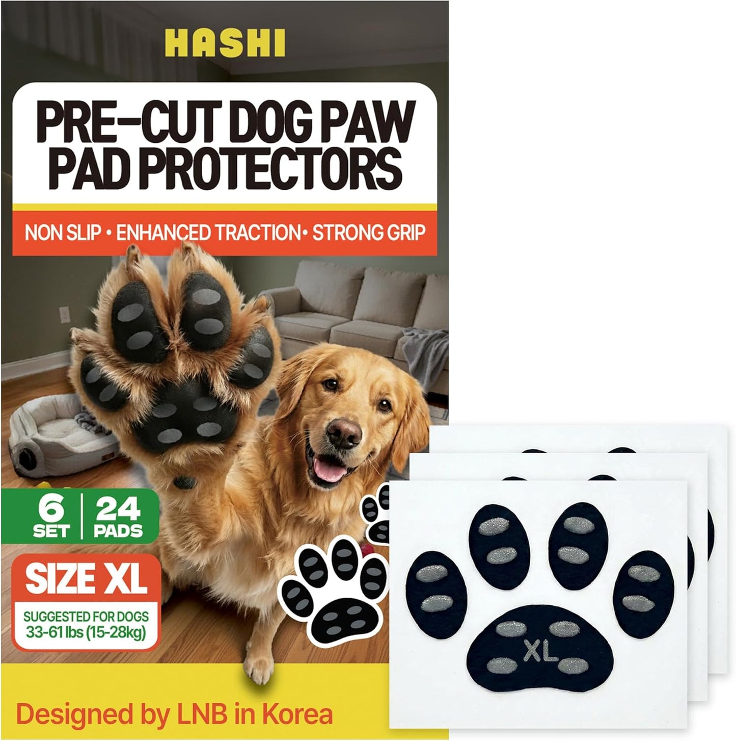 HASHI 24 Pcs Size XXL Pre-Cut Dog Paw Grips, Anti-Slip Traction Pads for Hardwood & Tile Floors, 6 Sets Self-Adhesive Pet Paw Protectors for Senior Dogs, Water-Resistant & Breathable