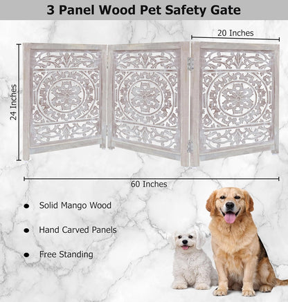 Croft&Cane Wooden Foldable Pet Dog Safety Gate – 3 Panel Freestanding Indoor Pet Fence (20 inches W x 24 inches H) – Hand-Carved Solid Wood & MDF – Fully Assembled - Antique Brown