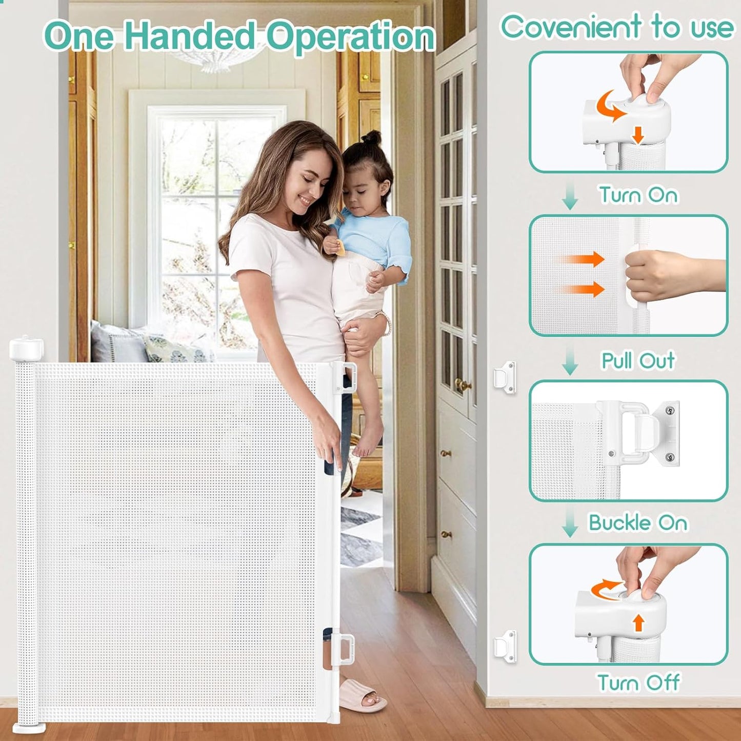 Upgrade 120 inch Retractable Baby Gates, EZIGO Extra Wide Baby Gate for Large Opening Extra Long Mesh Gate for Kids or Pet Dog Gate Child Safety Gate for Stairs Hallways Doorway Indoor Outdoor, Gray
