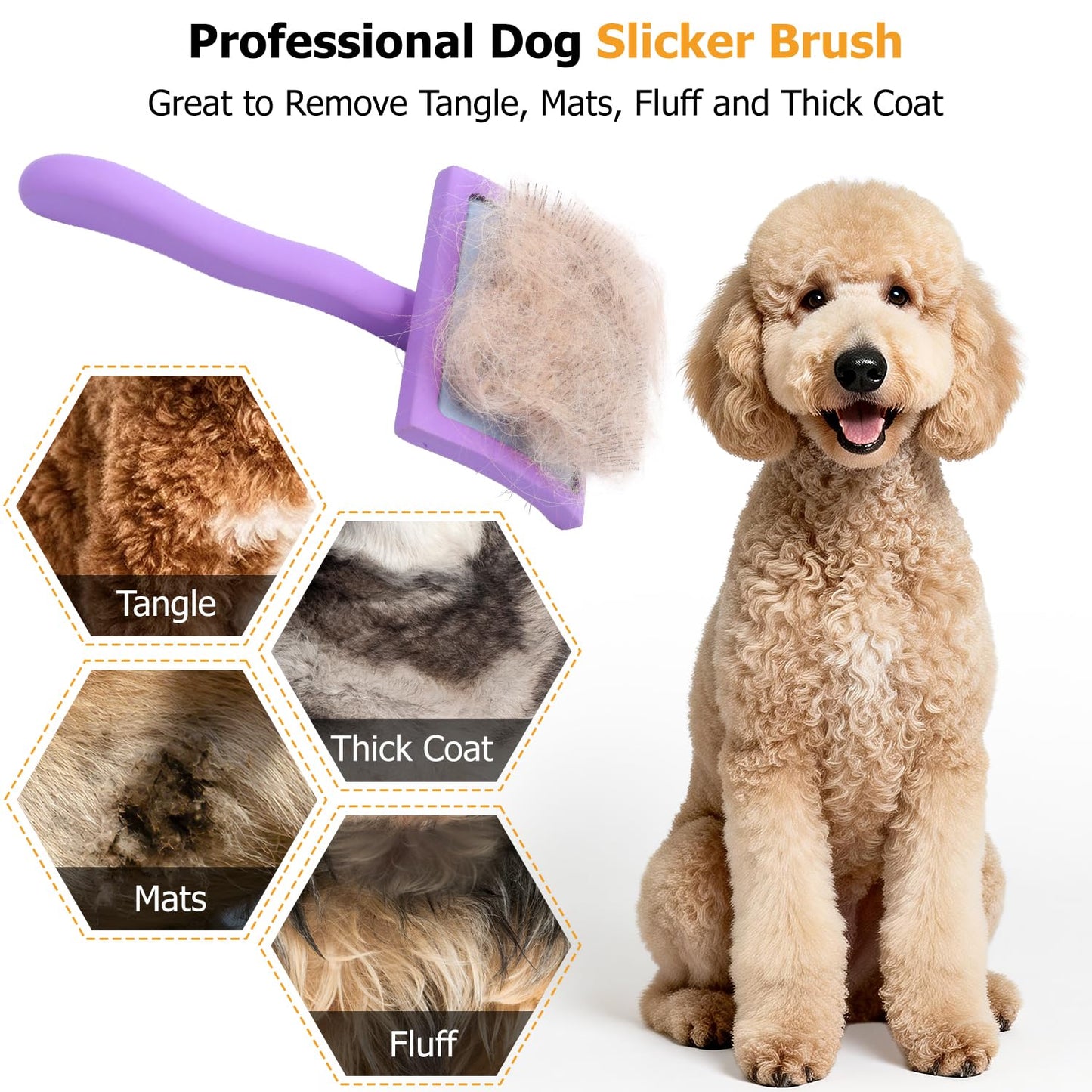 Extra-Long Pin Slicker Brush for Large Dogs, Removes Tangles, Mats & Undercoat Fluff, Wood Handle, Grooming Tool for Poodle Goldendoodle Labradoodle & Thick-Coat Breeds, Purple