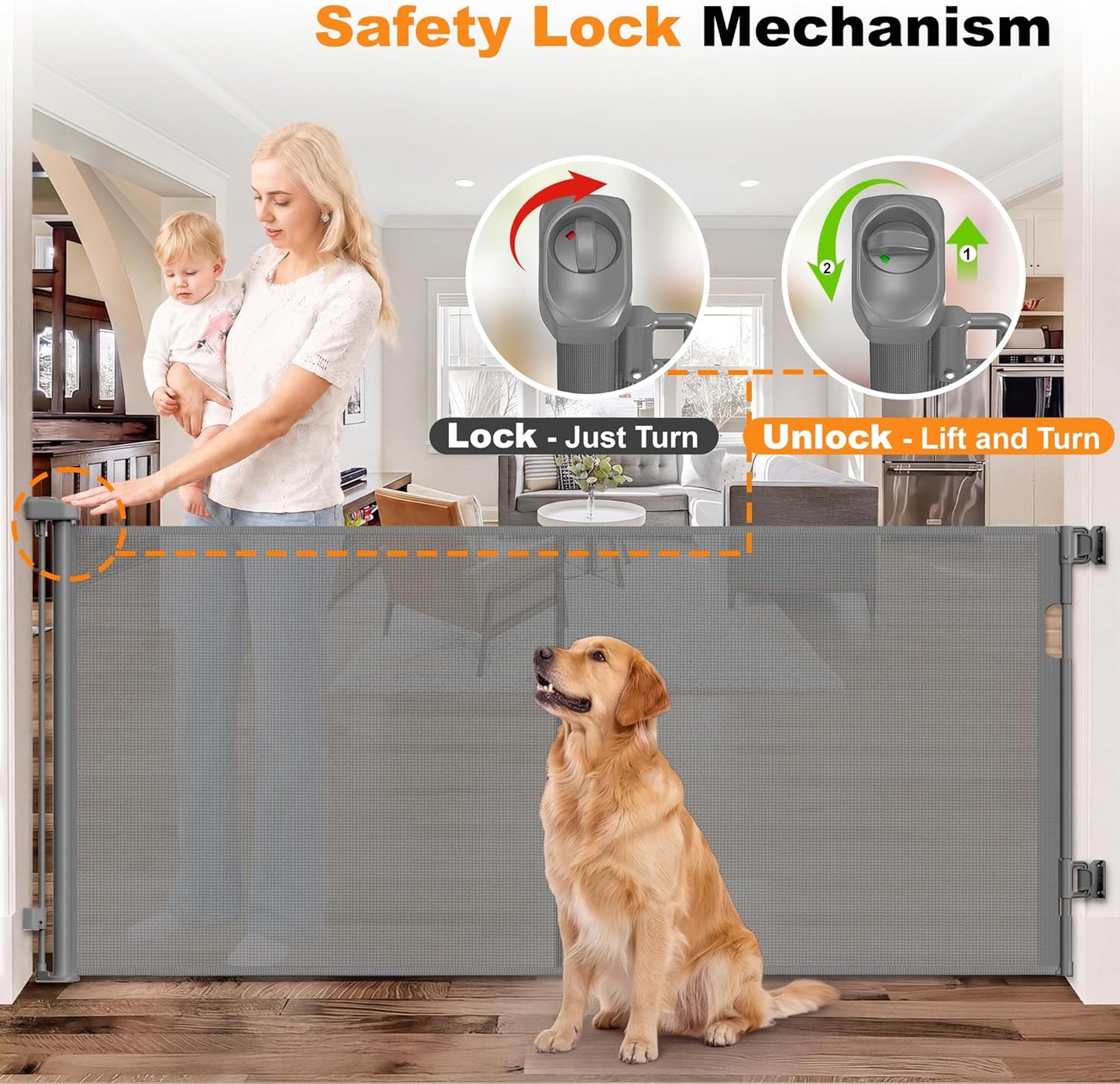 Reinforced 70” Wide Retractable Pet Gate Indoor Dog Gates Outdoor Retractable Baby Gate with Support Rod to Prevent Bottom Escape 33” Tall Child Safety Gates for Stairs Doorway Hallway Deck