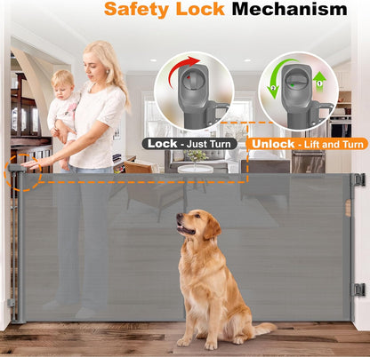 Reinforced 70” Wide Retractable Pet Gate Indoor Dog Gates Outdoor Retractable Baby Gate with Support Rod to Prevent Bottom Escape 33” Tall Child Safety Gates for Stairs Doorway Hallway Deck