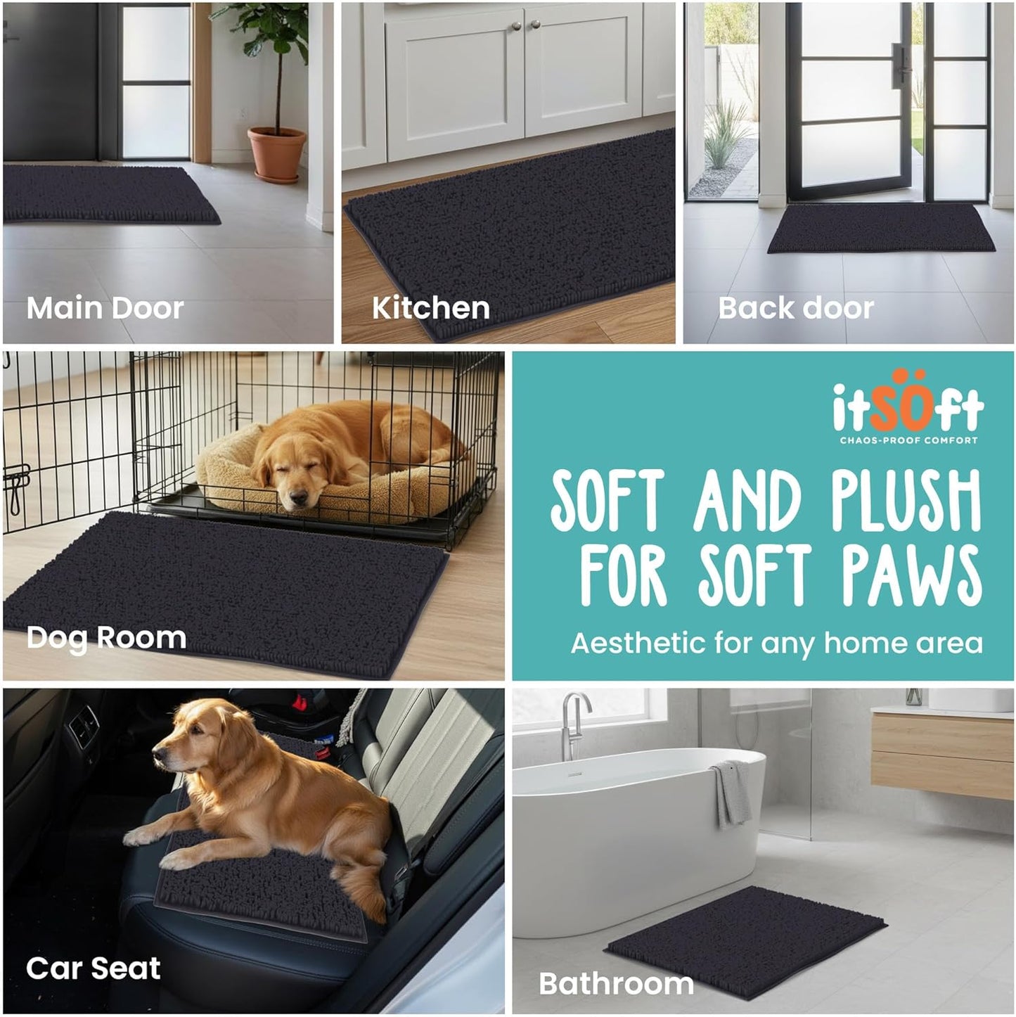 Dog Rugs for Muddy Paws 22x14 | Cleaner Mud Free Floors | Muddy Dogs Mats for Indoor, Dog Mat for Muddy Paws Door Mat Washable, Absorbent Chenille Mud Rug Paw Matt w/ Non Slip Backing, Charcoal Grey