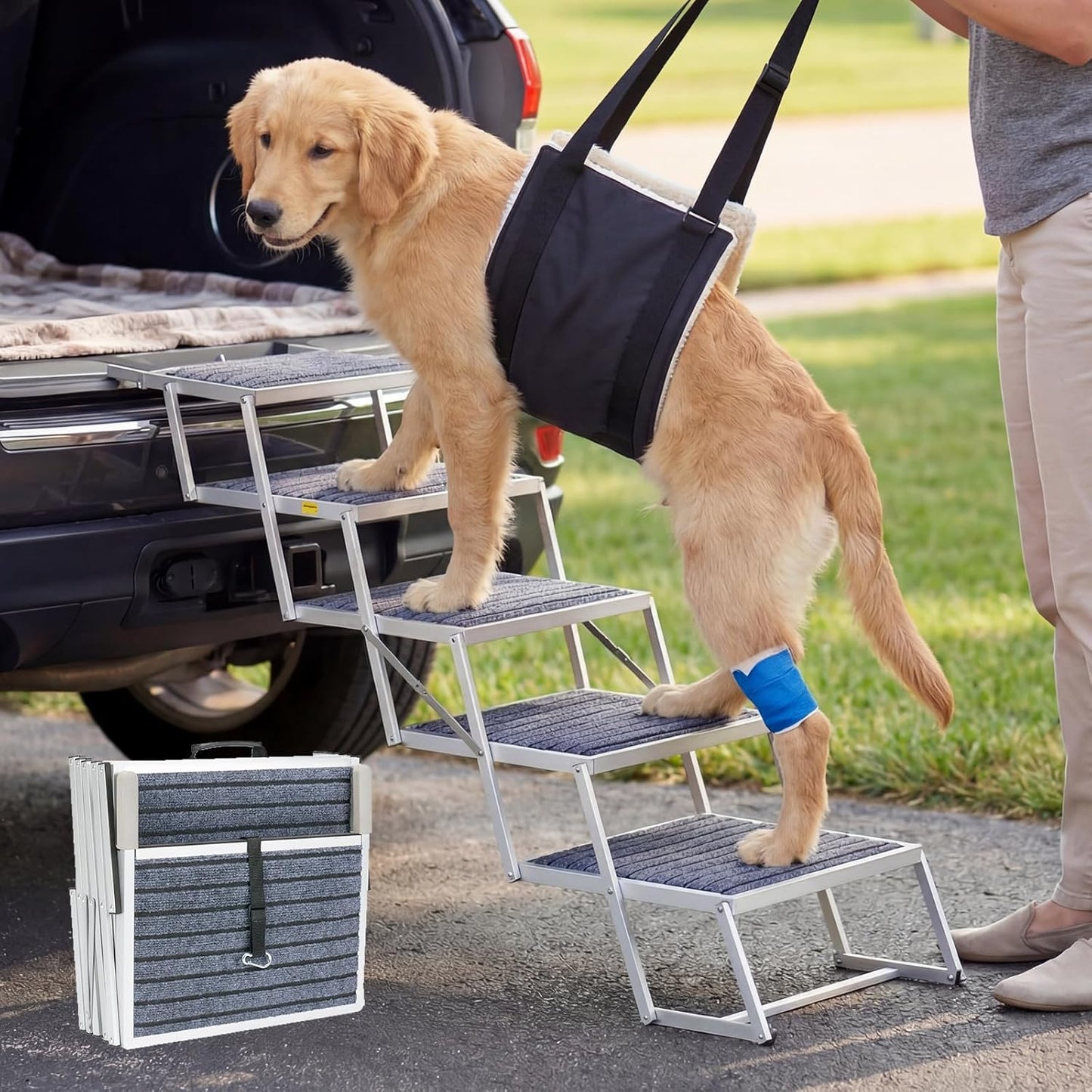 Veehoo Extra Wide Dog Steps for Car SUV Truck Foldable, 4 Steps Portable Aluminum Dog Stairs for Injured Senior Large Dogs 20" Wide, Heavy Duty Pet Ramp Ladder with Non Slip Surface, up to 170lbs