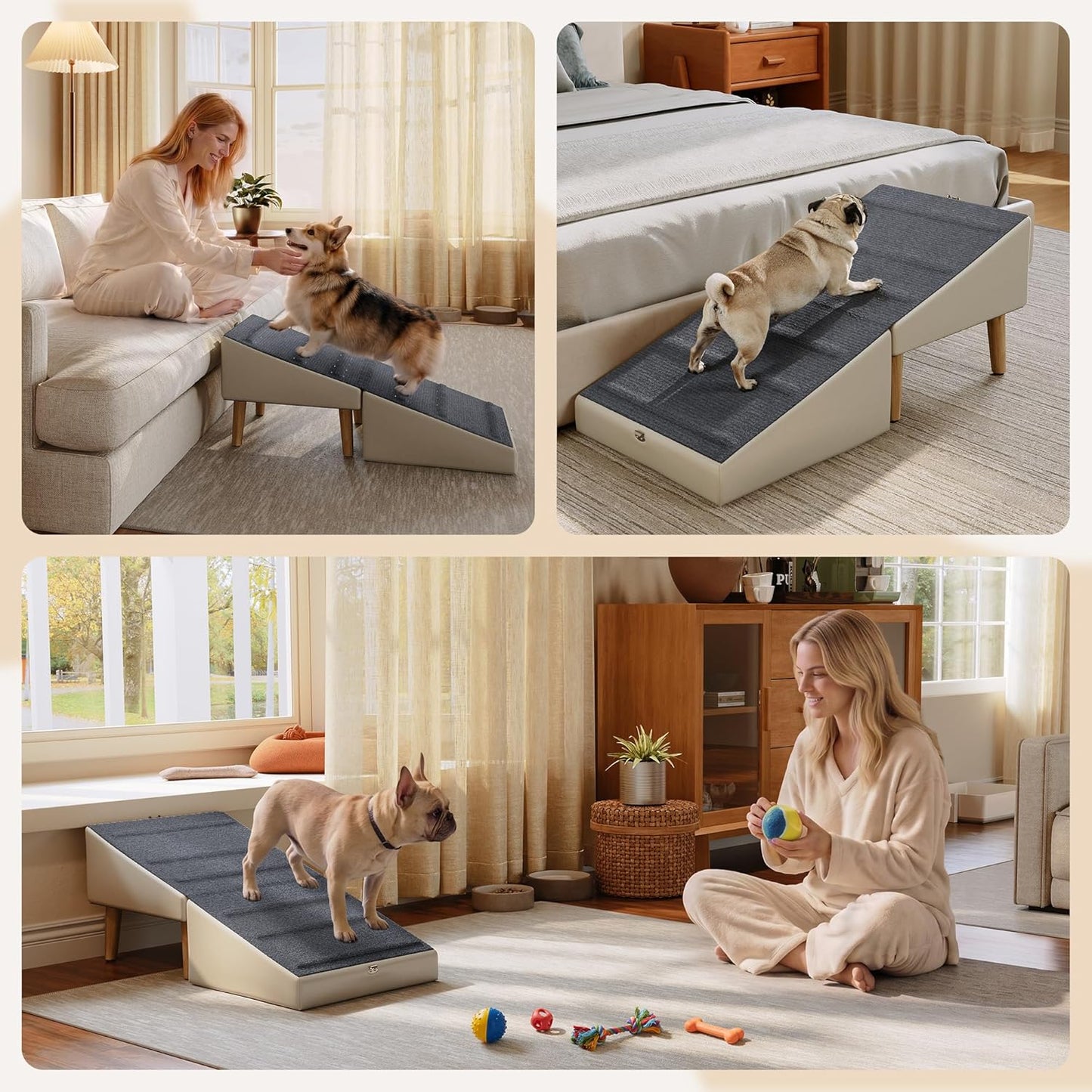 2 in 1 Ottoman Dog Ramp, Split Pet Stairs Footstool for Couch, Folding Dog Ramp Stool with 6 Anti Slip Wooden Rails, Fabric Surface, 4 Leveling Feet, 150 lb Capacity, Easy Clean Faux Leather