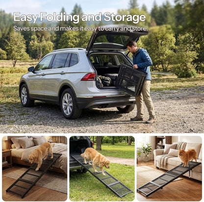 HOOBRO 70.8" Folding Dog Ramp for Car, 4-Fold Pet Ramp for Car SUV Couch, Extra Long Dog Ramp for Large Dogs Senior Pets, Non-Slip Walking Surface, Portable Design, Black BK08PT03
