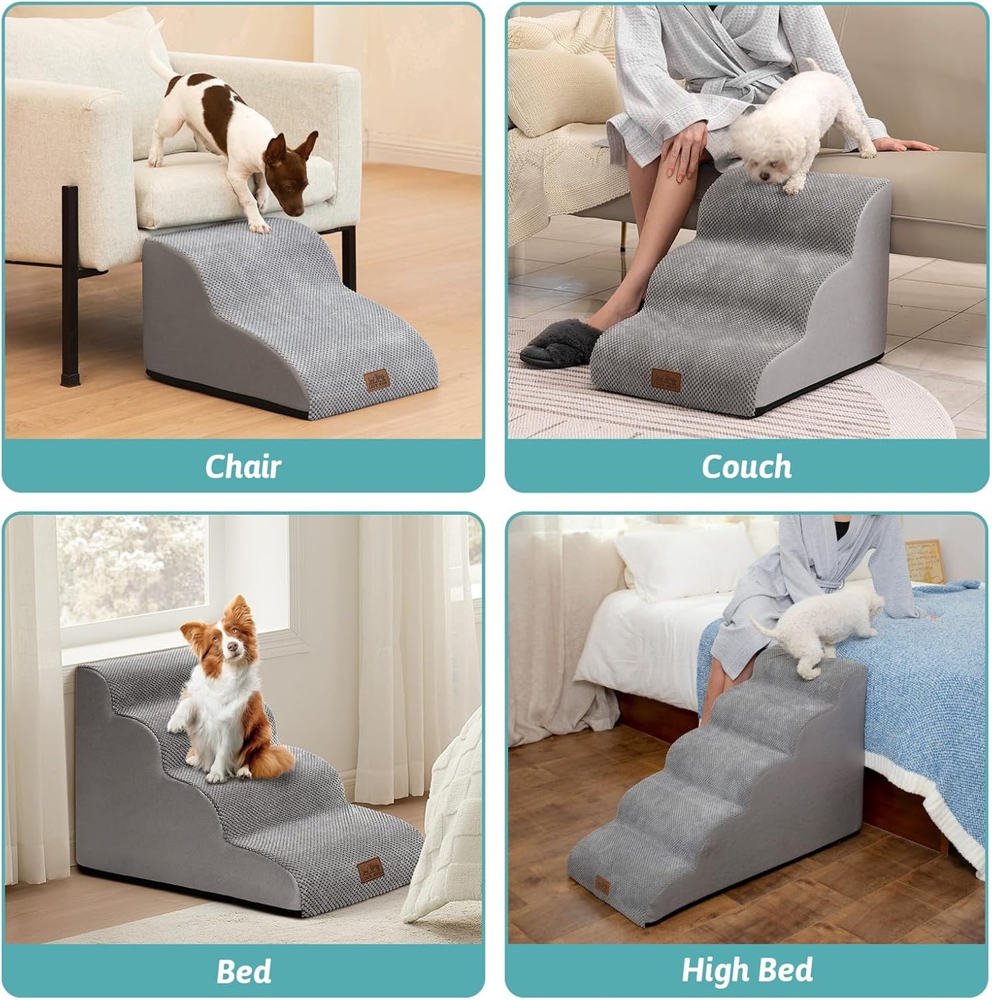COZY KISS Dog Stairs for Small Dogs 15.7" H, Curved Dog Step for Puppy, Older Cat, Medium Pet Ramp for Sofa, Couch or Chair, Ladder with High Density Foam, 3 Step, 15.7x22.4x15.7 inch, Beige