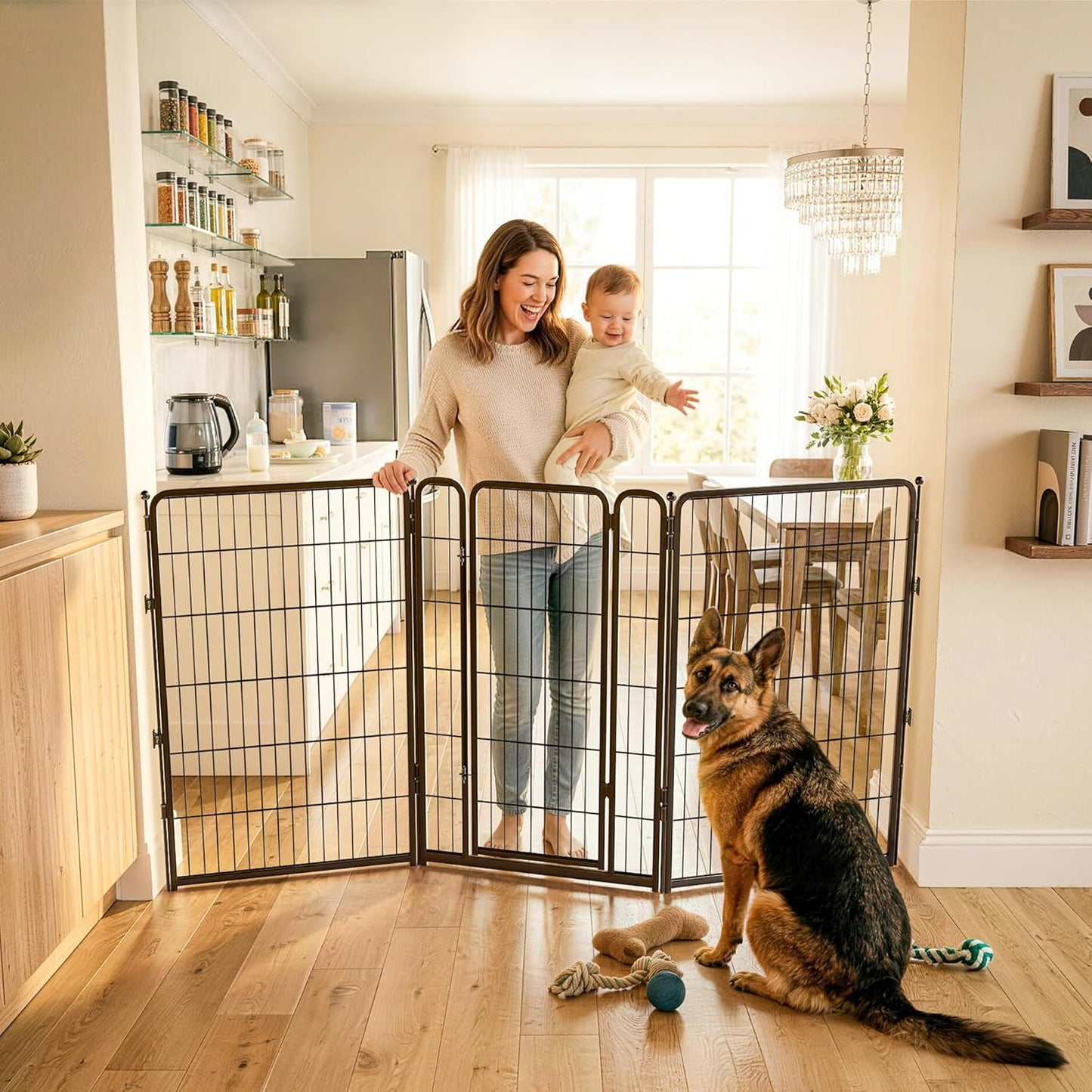FXW Dog Gate Extra Wide Designed for Indoor Use, Adjustable Width Up to 183-inch Wide (24" H 8 Wire Panels for Puppies and Small Dogs), Black