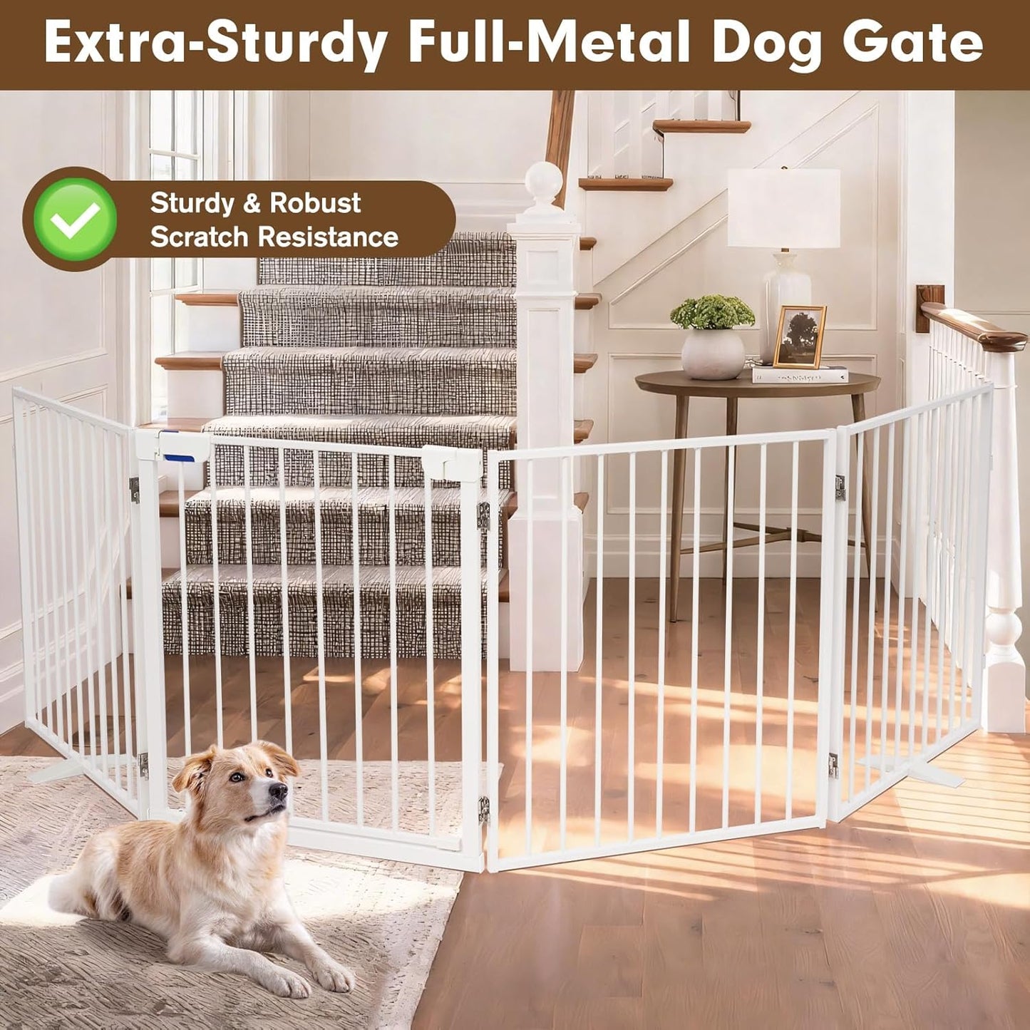 104" Extra Wide Dog Gate, Heavy Duty Metal Freestanding Dog Gate with Door for Indoor & Outdoor, Foldable Pet Fence for Doorways,House,Porch,Deck,Yard,Stairs, Auto Close(4 Panels,Black)