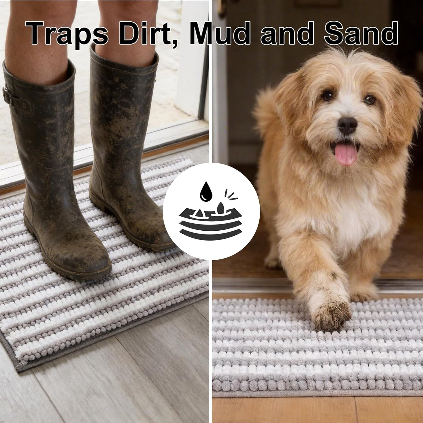 pobopobo Dog Door Mat for Muddy Paws - Absorbent & Washable Chenille Rug, Non-Slip Dirt Trapper for Indoor Outdoor Entryway, Quick Dry Pet Mat for Muddy Dogs (Striped Gray-Blue&White, 24" x 16")