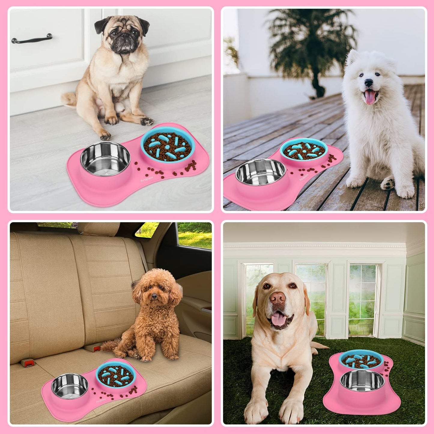 Anipaw Slow Feeder Dog Bowls 3 in 1 Stainless Steel Food and Water Bowls with Non-Spill and Skid Silicone Mat to Slow Down Eating for Large Medium Small Breed Size Dogs and Cats