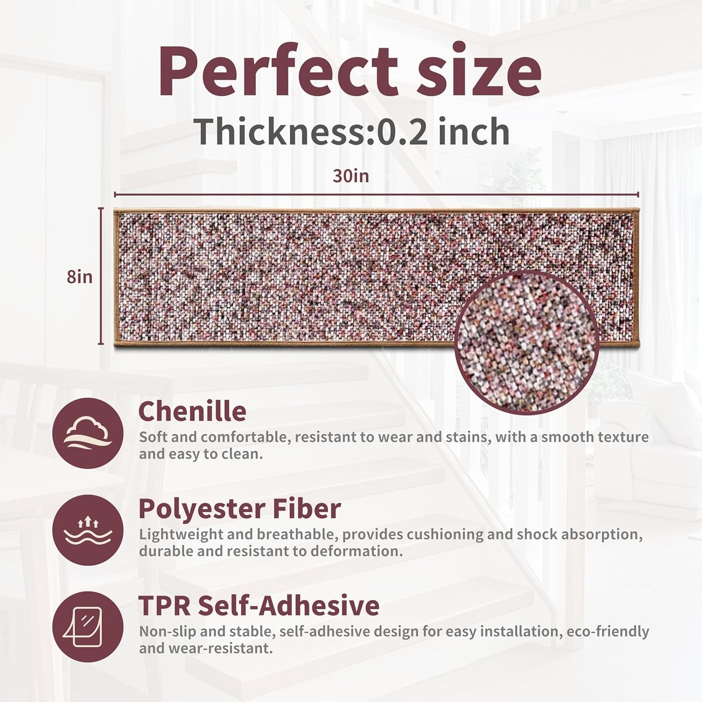 Non-Slip Stair Treads for Wooden Steps 15pcs,8"x30" Stair Carpet Treads for Indoor Use,Peel and Stick Stair Runners,Washable Reusable Adhesive Backing,Pet-Friendly Stair Capet for Kids,Elders,Dogs