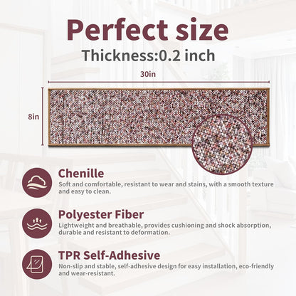 Non-Slip Stair Treads for Wooden Steps 15pcs,8"x30" Stair Carpet Treads for Indoor Use,Peel and Stick Stair Runners,Washable Reusable Adhesive Backing,Pet-Friendly Stair Capet for Kids,Elders,Dogs
