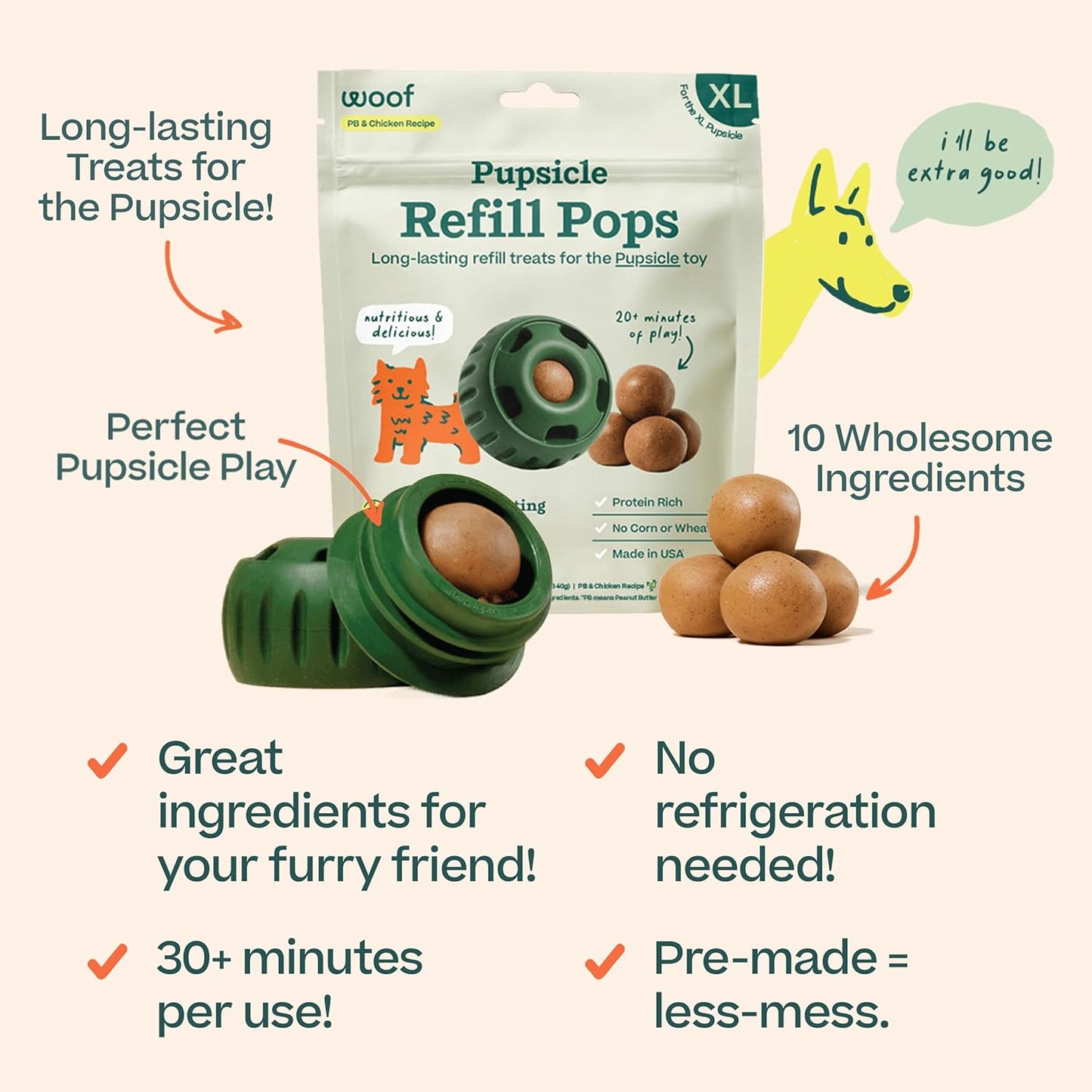 WOOF Pupsicle Refill Pops - Low-Mess Dog Snacks - with Peanut Butter and Beef - Dog Treats - Long Lasting - Large Pops - 7 Count