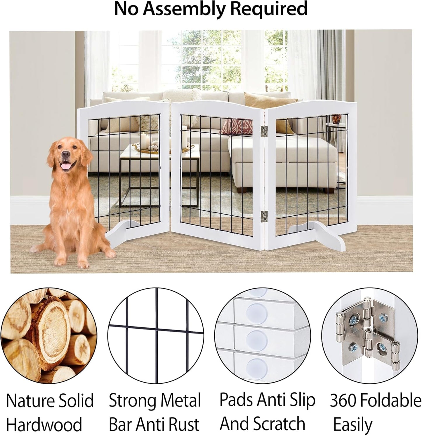 LZRS 2-Panel Freestanding Foldable Wood Dog Gate – Solid Wood & Steel Wire, Chew-Resistant Pet Barrier for Indoor Use, Ideal for Small to Medium Dogs, White