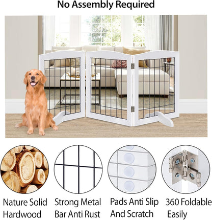 LZRS 2-Panel Freestanding Foldable Wood Dog Gate – Solid Wood & Steel Wire, Chew-Resistant Pet Barrier for Indoor Use, Ideal for Small to Medium Dogs, White