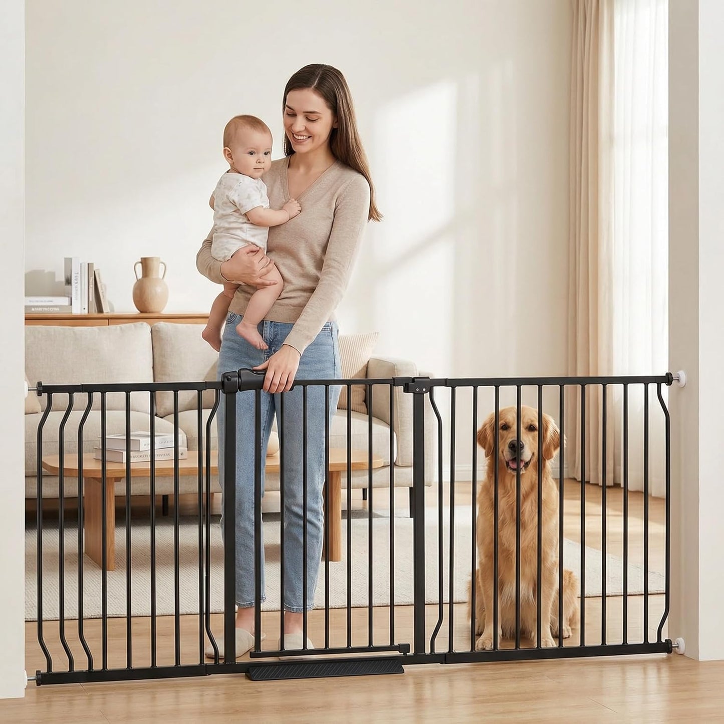 Extra Wide Baby Gate Tension Indoor Safety Gates Black Metal Large Pressure Mounted Pet Gate Walk Through Long Safety Dog Gate for The House Doorways Stairs (62.2"-66.93"/158-170CM, Black)