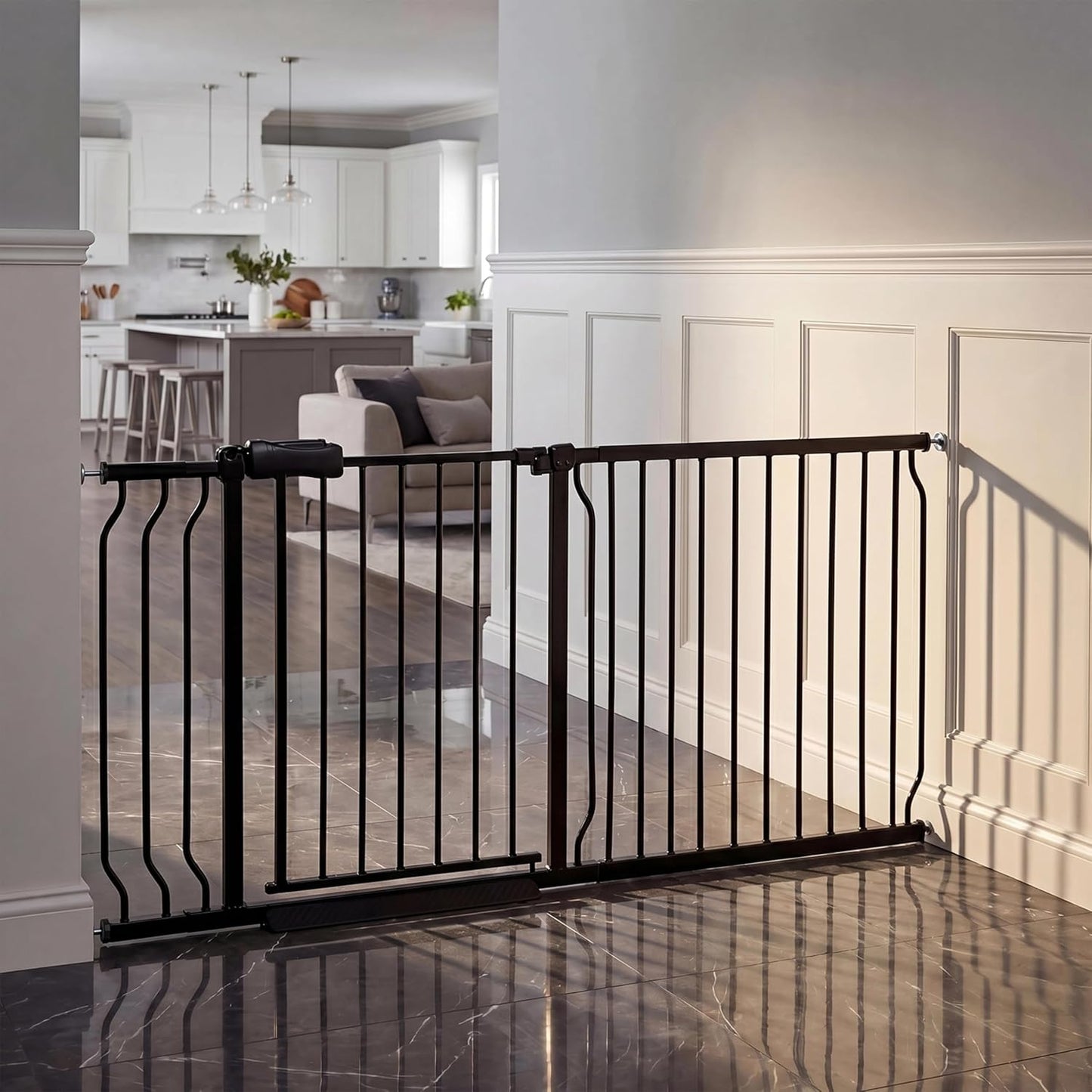 Extra Wide Baby Gate 85.8-90.5" Dog Gate Indoor Pressure Mounted No Drill Safety Gate for Large Entries, Kitchen,Stairs & Doorways, Black Metal Indoor Pet Gate for Kids & Dogs