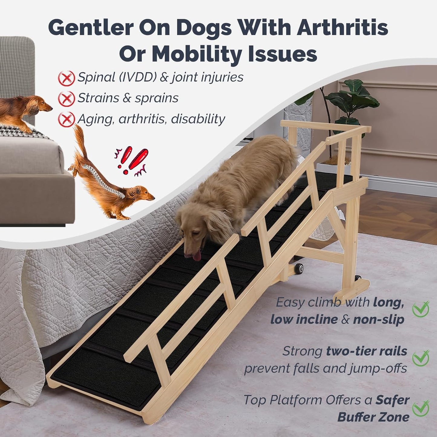 Dog Ramp for Bed or Couch, Wooden Pet Ramp with 20° Gentle Slope, Removable Side Rails, Non-Slip Surface, Top Platform & Wheels, Safe Bed Ramp for Small, Large & Senior Dogs, 60" Long, Mahogany