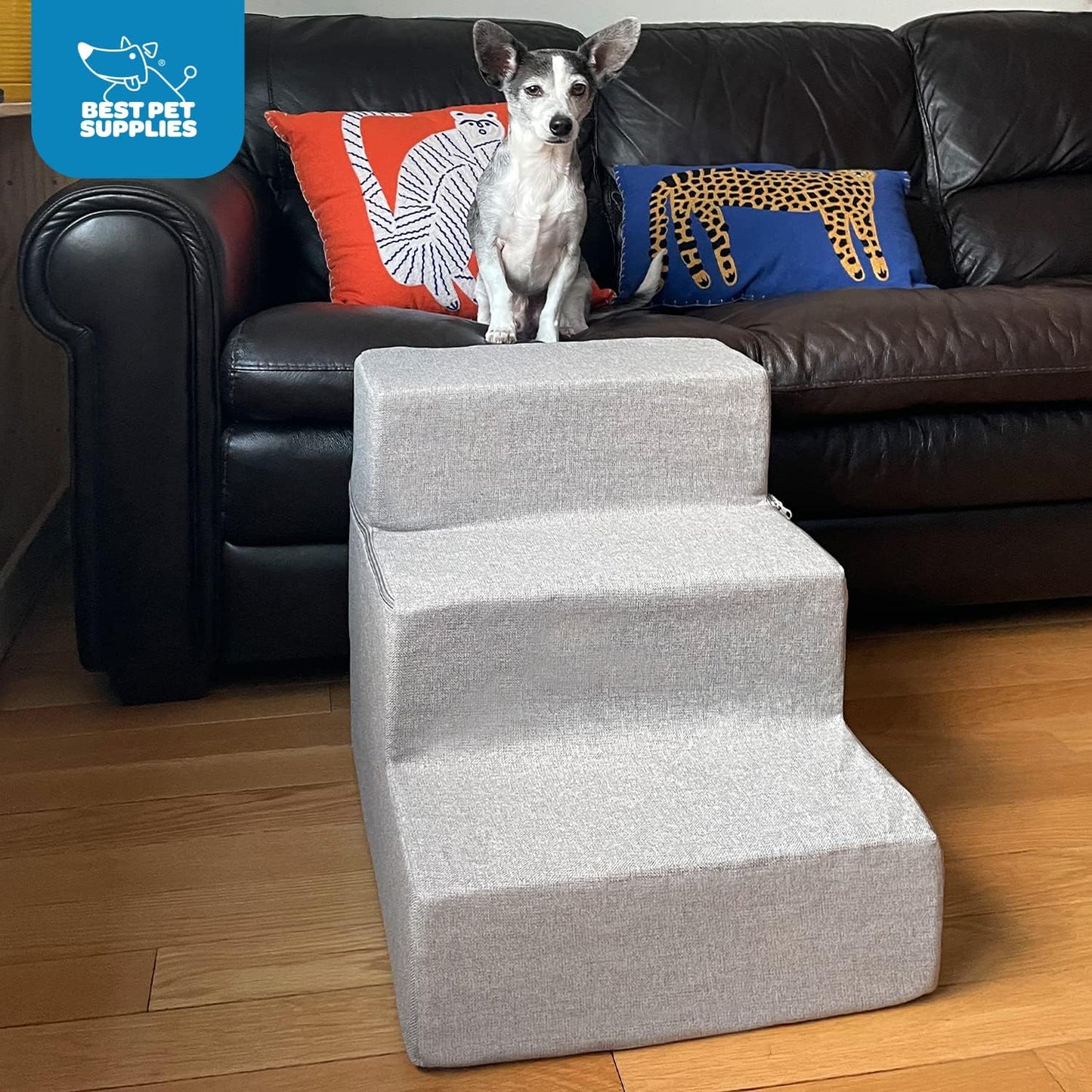 Best Pet Supplies Dog Stairs & Steps - Foam Steps for Small Dogs & Cats, Non-Slip Indoor Balanced Pet Step Support, Dog Ramp, No Assembly, Ash Gray Linen, 2-Step (12-inch Height)