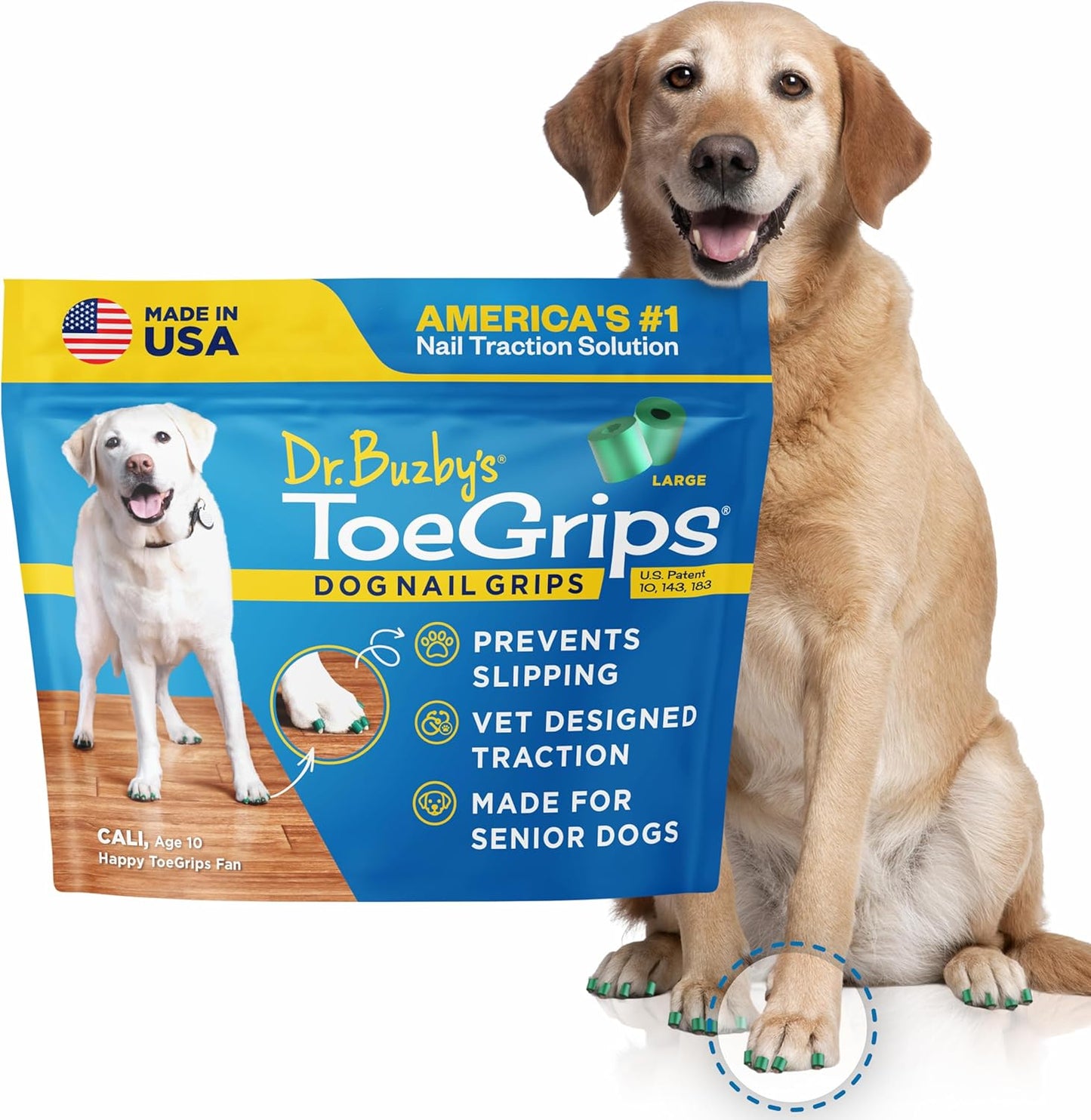 Dr Buzby's Large ToeGrips for Dogs - Instant Traction on Wood/Hardwood Floors - Anti Slip Relief - Grippers for Senior Dogs - Stop Sliding Instantly - Rubber Nails for Paws - 1 Pack (20 Grips)