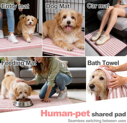 pobopobo Dog Door Mat for Muddy Paws - Absorbent & Washable Chenille Rug, Non-Slip Dirt Trapper for Indoor Outdoor Entryway, Quick Dry Pet Mat for Muddy Dogs (Striped Gray-Blue&White, 24" x 16")