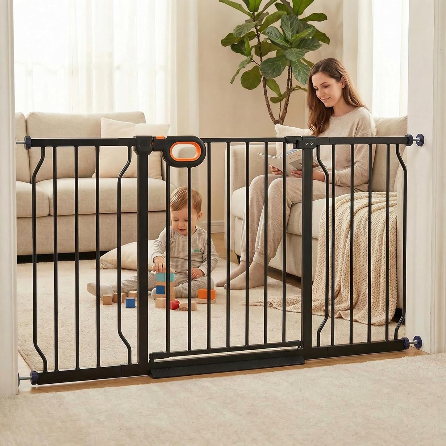 Baby Gates Extra Wide for Doorways 90.6-95.2 Inch Extra Wide Pressure Mounted Baby Dog Gate for the House Indoor Large Openning Metal Safety Gate No Drilling with Walk-Through Door,Black