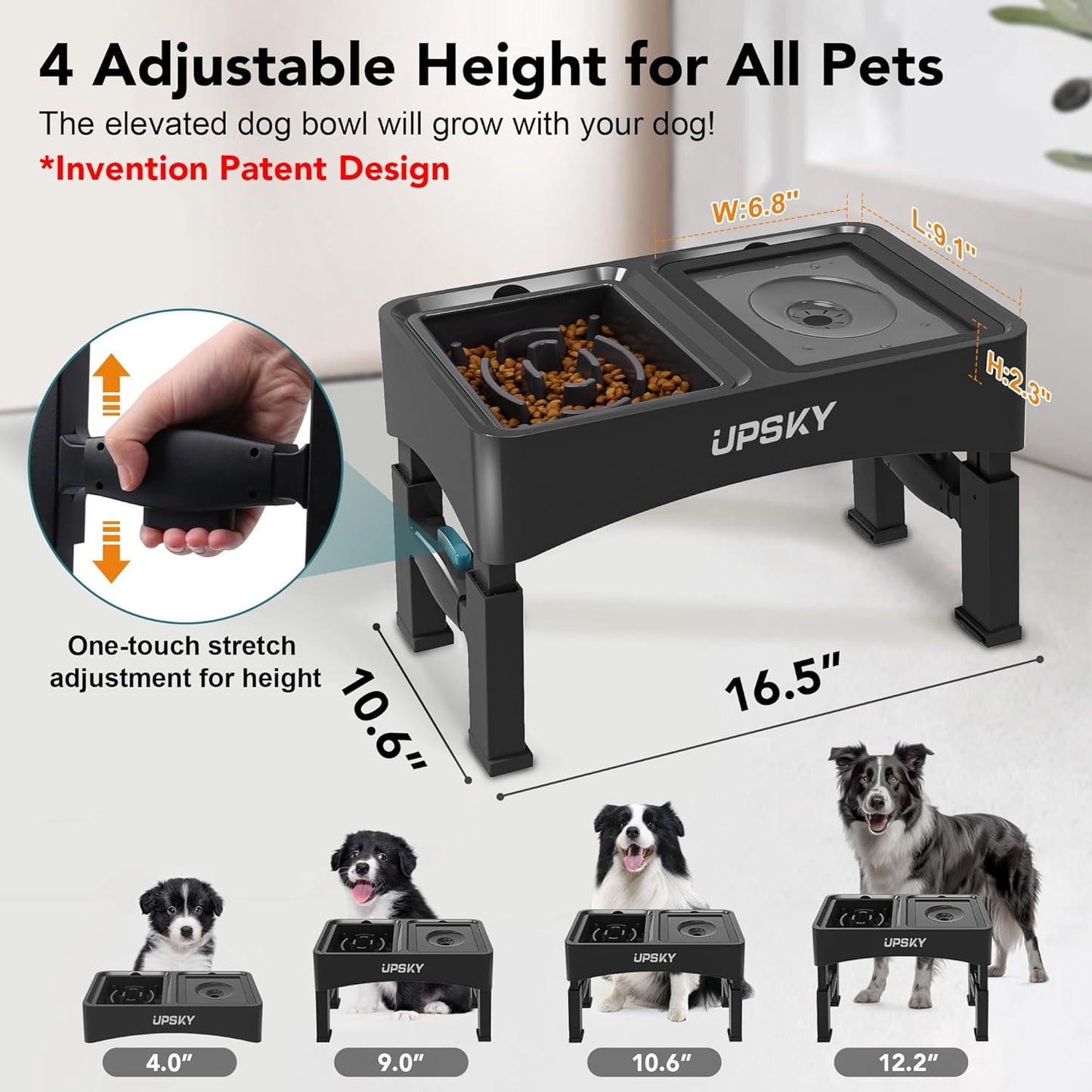 UPSKY 2-in-1 Elevated Dog Bowls Slow Feeder, 4 Height Adjustable Raised Bowl Stand, No Spill Dog Water Bowls, Anti-Slip Food and Water Bowls for Small Medium Dogs(Not Include Stainless Steel Bowl)
