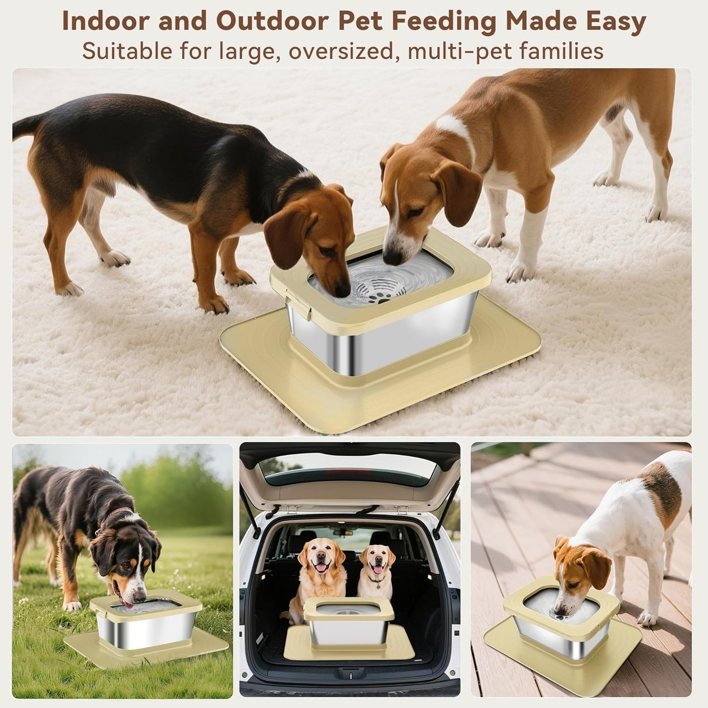 10L No Spill Dog Water Bowl, 2.6 Gal Stainless Steel No Splash Large Dog Water Bowl with Non-Slip Silicone Mat, Spill Proof Slow Drinking Pet Bowls for Messy Drinkers Indoor/Outdoor Use Black